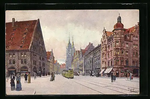 Künstler-AK Nürnberg, Königsstrasse mit Lorenzkirche und Strassenbahn