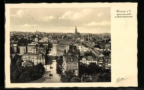 AK Plauen i. V., Gesamtansicht mit Bahnhofstrasse und Strassenbahn