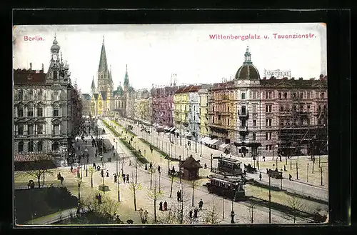 AK Berlin, Strassenbahnen auf dem Wittenbergplatz und der Tauenzienstrasse