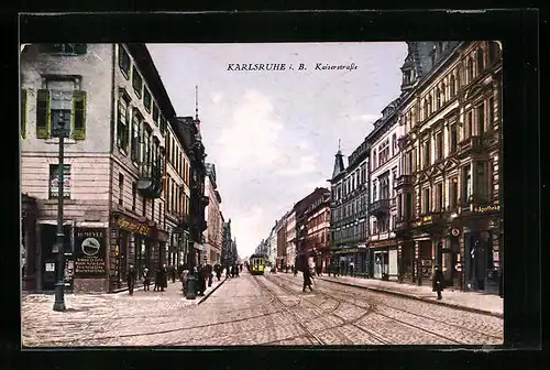 AK Karlsruhe i. B., Strassenbahn auf der Kaiserstrasse