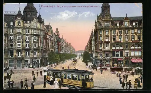 AK Frankfurt a. M., Kaiserstrasse vom Hauptbahnhof mit Strassenbahn