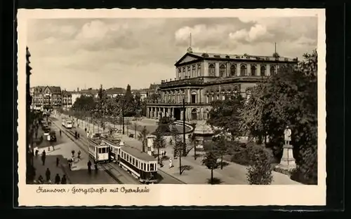 AK Hannover, Strassenbahn auf der Georgstrasse mit Opernhaus