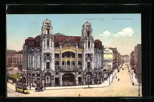 AK Frankfurt a. M., Circus Schumann und Strassenbahn