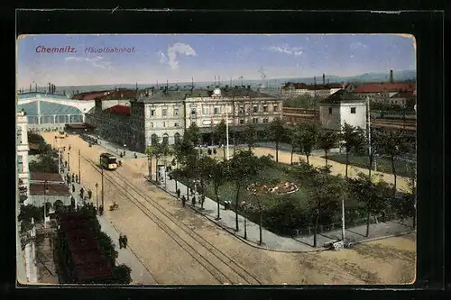 AK Chemnitz, Strassenbahn vor dem Hauptbahnhof