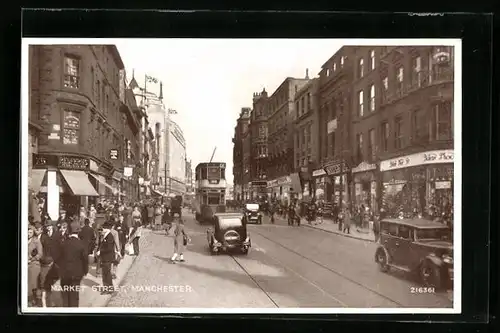 AK Manchester, Market Street, Strassenbahn