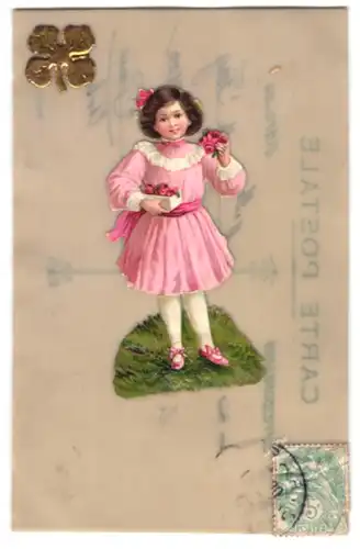Zelluloid-AK Mädchen im rosa Kleid mit Rosen