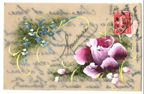 Zelluloid-AK Rosa Blumen und Vergissmeinnicht