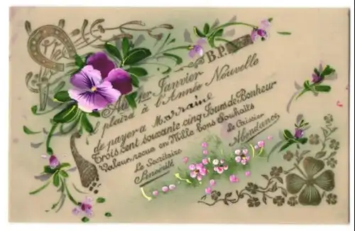 Zelluloid-AK Neujahrsgruss in französischer Sprache, Stiefmütterchen