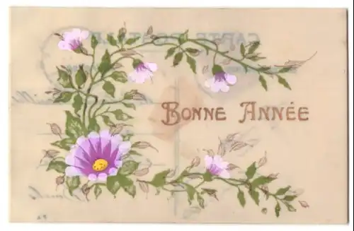 Zelluloid-AK Bonne Année, Violette Blumen