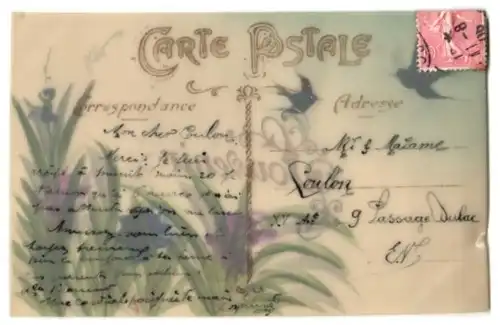 Zelluloid-AK Schwalben und violette Blumen