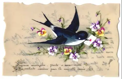 Zelluloid-AK Schwalbe mit Brief im Schnabel