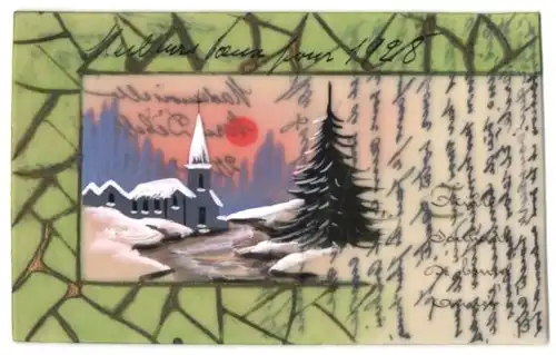 Zelluloid-AK Kirche an einem Winterabend