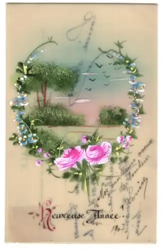 Zelluloid-AK Heureuse Annee, Landschaftsmotiv von Blumen gerahmt