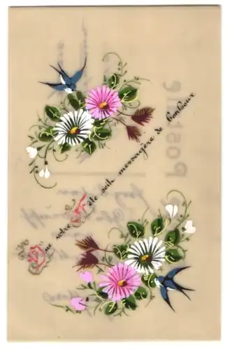 Zelluloid-AK Schwalben mit weissen und rosa Blumen