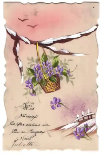 Zelluloid-AK Korb voller Veilchen hängt an einem Ast