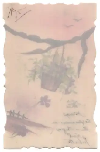 Zelluloid-AK Korb voller Veilchen hängt an einem Ast