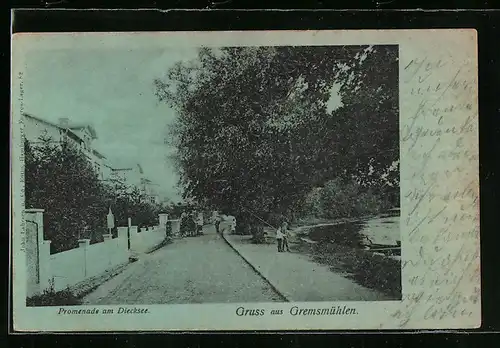 AK Gremsmühlen, Promenade am Diecksee mit Pferdewagen