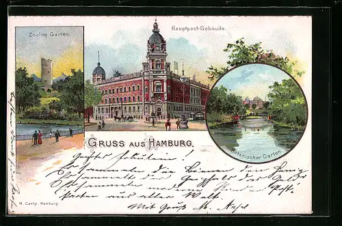 Lithographie Hamburg, Hauptpost-Gebäude, Zoologischer Garten, Botanischer Garten