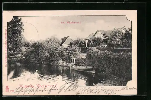 AK Aumühle /Sachsenwald, Am Mühlenteich mit Boot