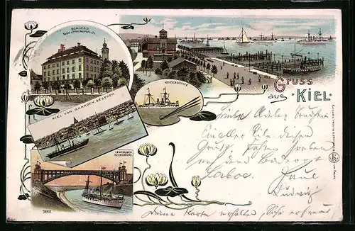 Lithographie Kiel, Schloss Resid. d. Prinz Heinrich v. Pr., Lewensauer Hochbrücke, Kriegsschiff