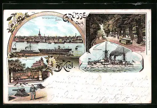 Lithographie Kiel, Düsternbrooker Allee mit Strassenbahn, Dampfer S. M. S. Brandenburg, Krieger-Denkmal