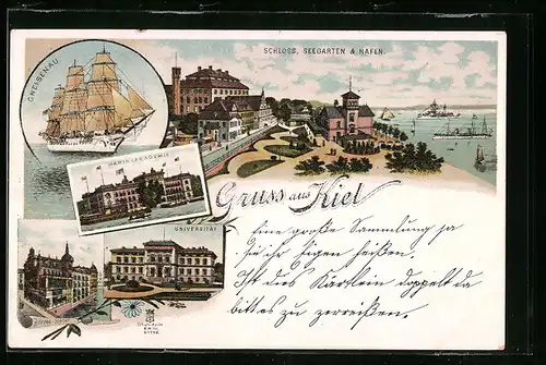 Lithographie Kiel, Börsen-Hotel, Schloss mit Gasthaus Seegarten u. Hafen, Segelschiff Gneisenau