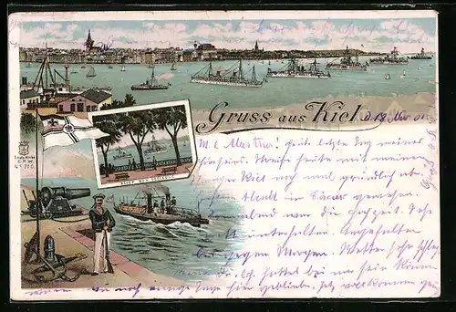 Lithographie Kiel, Teilansicht, Blick von Bellevue, Matrose mit Kanone am Ufer