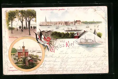 Lithographie Kiel, Gasthaus Seegarten, Panorama v. Gaarden gesehen, S. M. Yacht Hohenzollern
