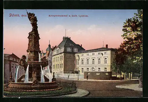 AK Düren /Rhld., Kriegerdenkmal und katholisches Lyceum