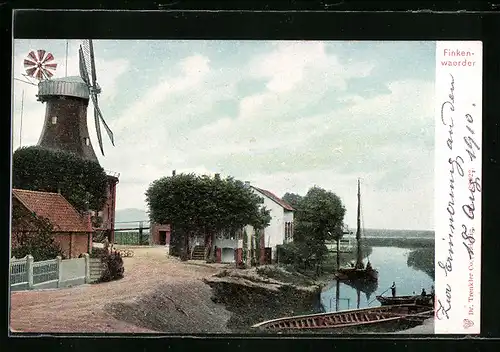 AK Finkenwärder, Uferpartie mit Windmühle
