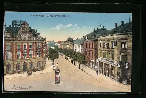AK Ludwigsburg, Myliusstrasse mit Geschäft und Litfasssäule