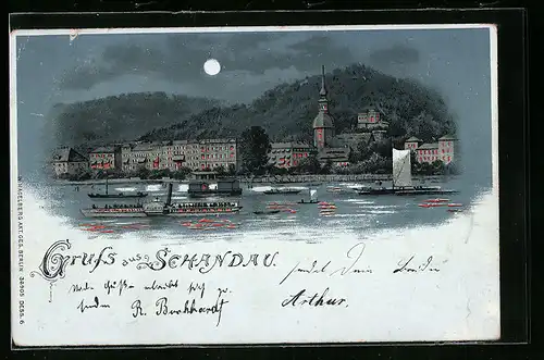Mondschein-Lithographie Schandau, Flusspartie mit Ortsansicht