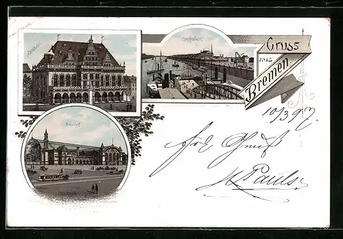 Lithographie Bremen, Rathhaus, Bahnhof und Freihafen