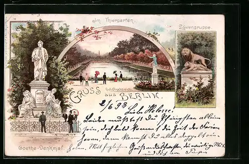 Lithographie Berlin, Im Thiergarten, Löwengruppe und Goethe-Denkmal