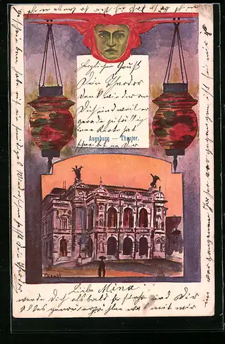 Lithographie Augsburg, Teilansicht des Theaters