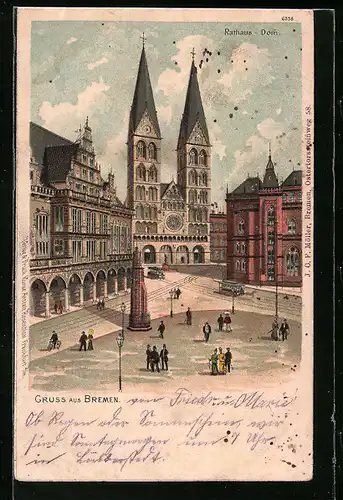 Lithographie Bremen, Spaziergänger vor dem Rathaus und Dom