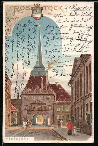 Lithographie Rostock, Pferdekutsche am Steinthor