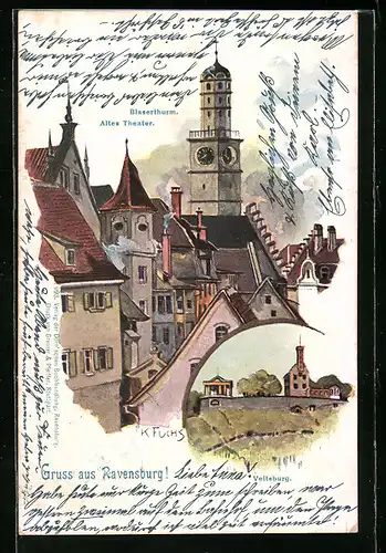 Lithographie Ravensburg, Altes Theater und Blaserthurm