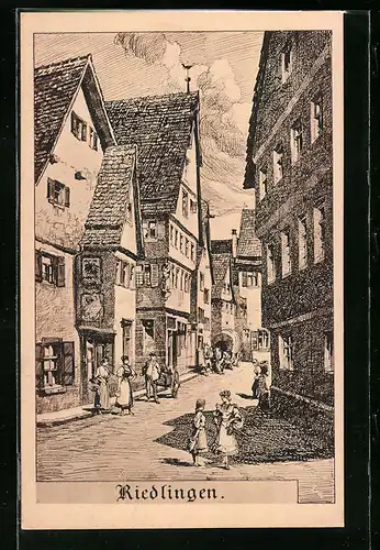 Künstler-AK Riedlingen Passanten auf der Strasse vor Wohnhäusern
