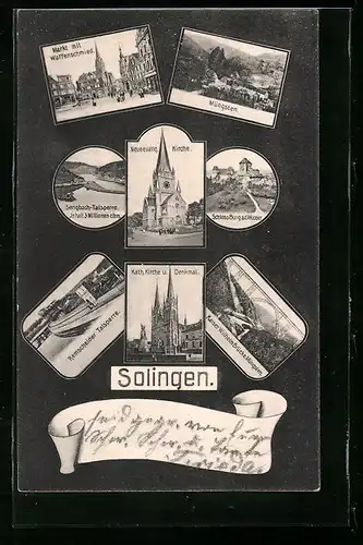 AK Solingen, Markt mit Waffenschmied, Kath. Kirche und Denkmal