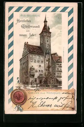 Lithographie Würzburg, Grafen Ekkardsturm mit Springbrunnen