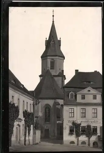 Fotografie Brück & Sohn Meissen, Ansicht Mutzschen i. Sa., Partie am Markt mit Restaurant R. Berger, Spiegelverkehrt