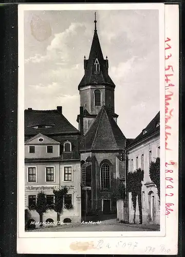 Fotografie Brück & Sohn Meissen, Ansicht Mutzschen i. Sa., Partie am Markt mit Restaurant R. Berger, Spiegelverkehrt