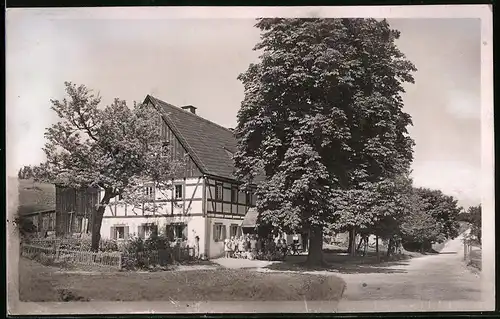Fotografie Brück & Sohn Meissen, Ansicht Schellerhau / erzg., Partie am Meissner Schullandheim, Kinder unterm Baum
