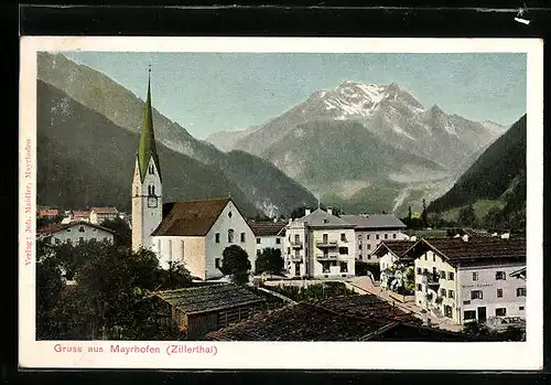 AK Mayrhofen, Sicht auf den Ort mit Kirche
