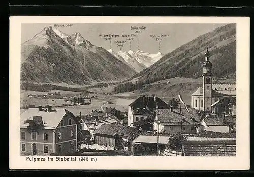 AK Fulpmes, Ortsansicht mit Kirche, Habicht und Zuckerhütl