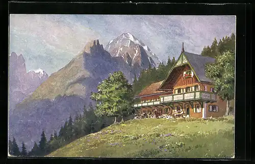 Künstler-AK Telfes, Alpenwirtschaft Frohneben gegen den Habicht und Ilmspitzen