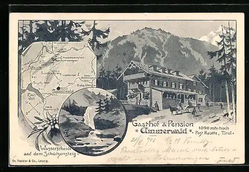 Künstler-AK Reutte, Gasthof und Pension Ammerwald, Landkarte