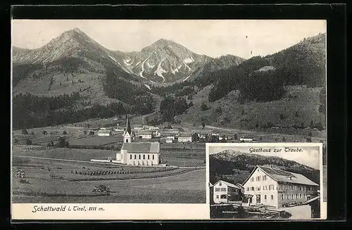 AK Schattwald, Totalansicht gegen Alpen, Gasthaus zur Traube