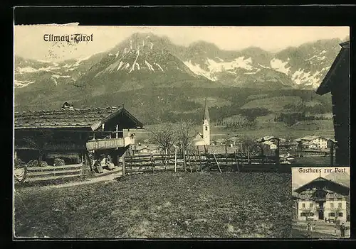 AK Ellmau, Gasthaus zur Post, Ortsansicht gegen die Berge